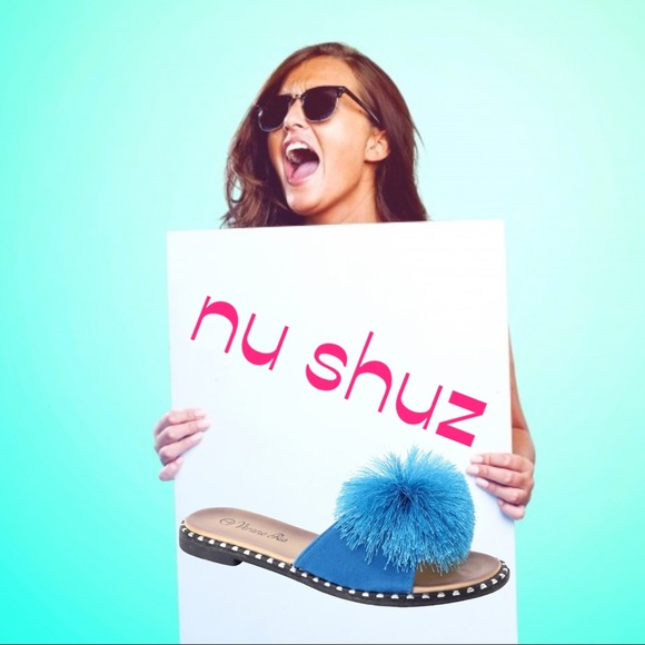 Italina Turquoise Blue Pom Rosette Studded Flat Mule Padded Slide Sandals - Picture 2 of 5